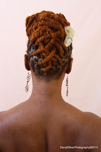 Brown colored dreadlock updo hairstyle back view 