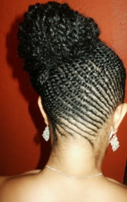 Flat twists side bun protective hairstyle back view 